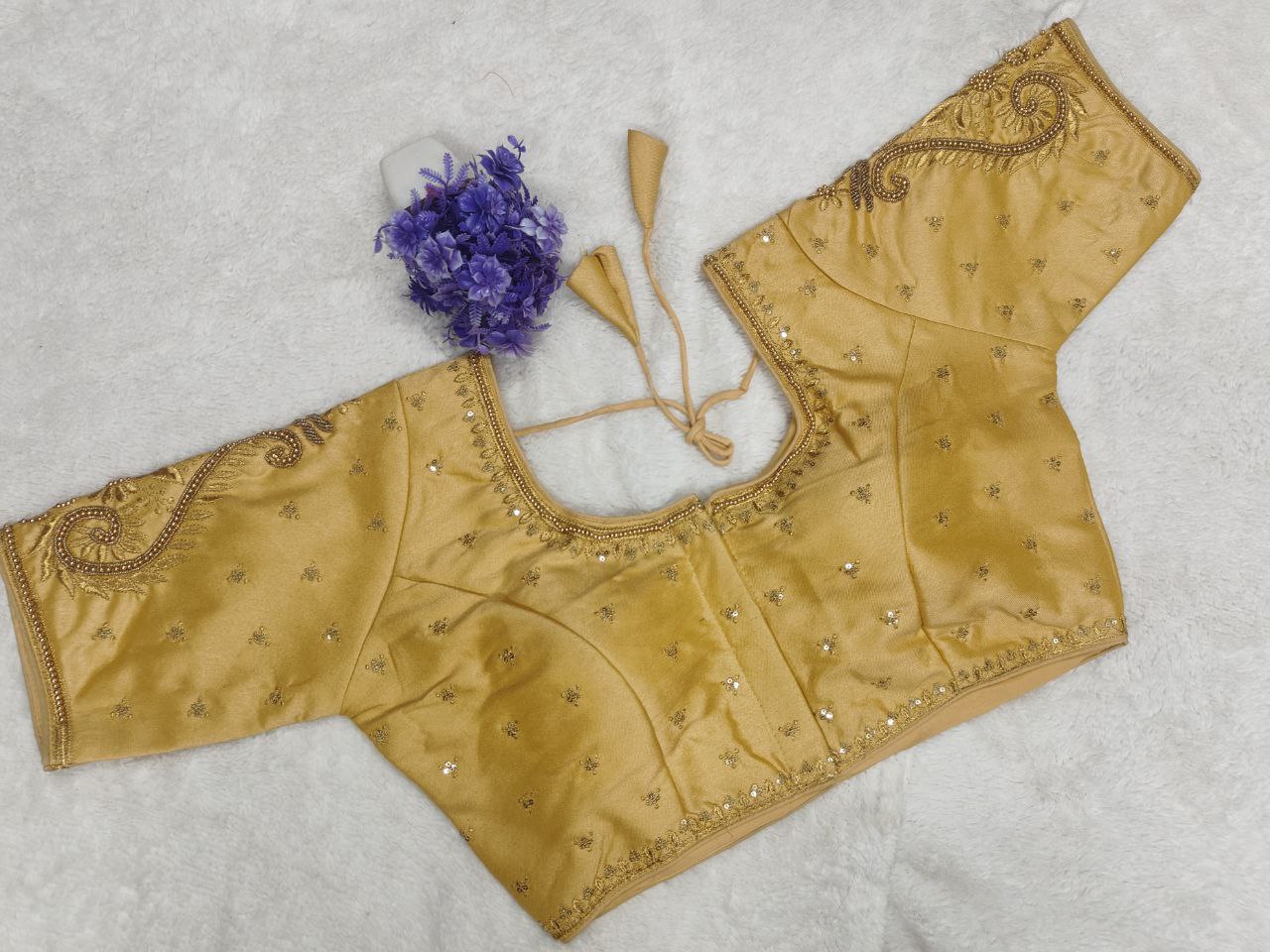 Pujia Mills Woman Milan Silk Round Neck with Half Sleeve with khatli Work Embroidered Design Open Back Readymade Blouse 38 Size