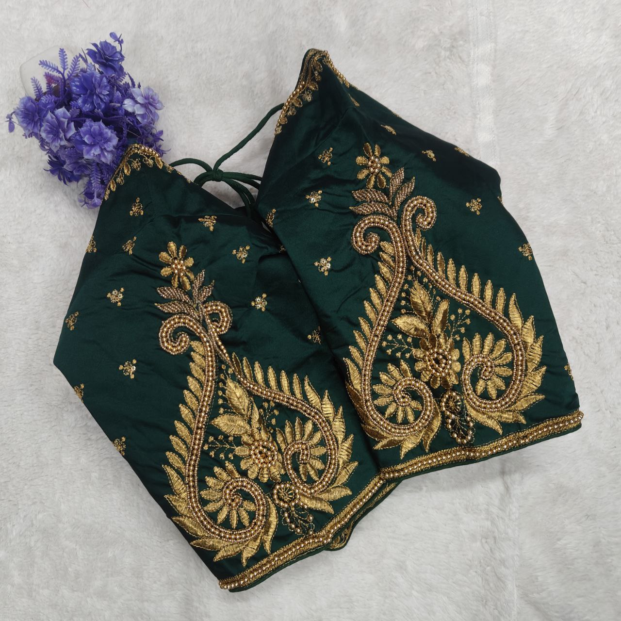 Pujia Mills Woman Milan Silk Round Neck with Half Sleeve with khatli Work Embroidered Design Open Back Readymade Blouse 38 Size
