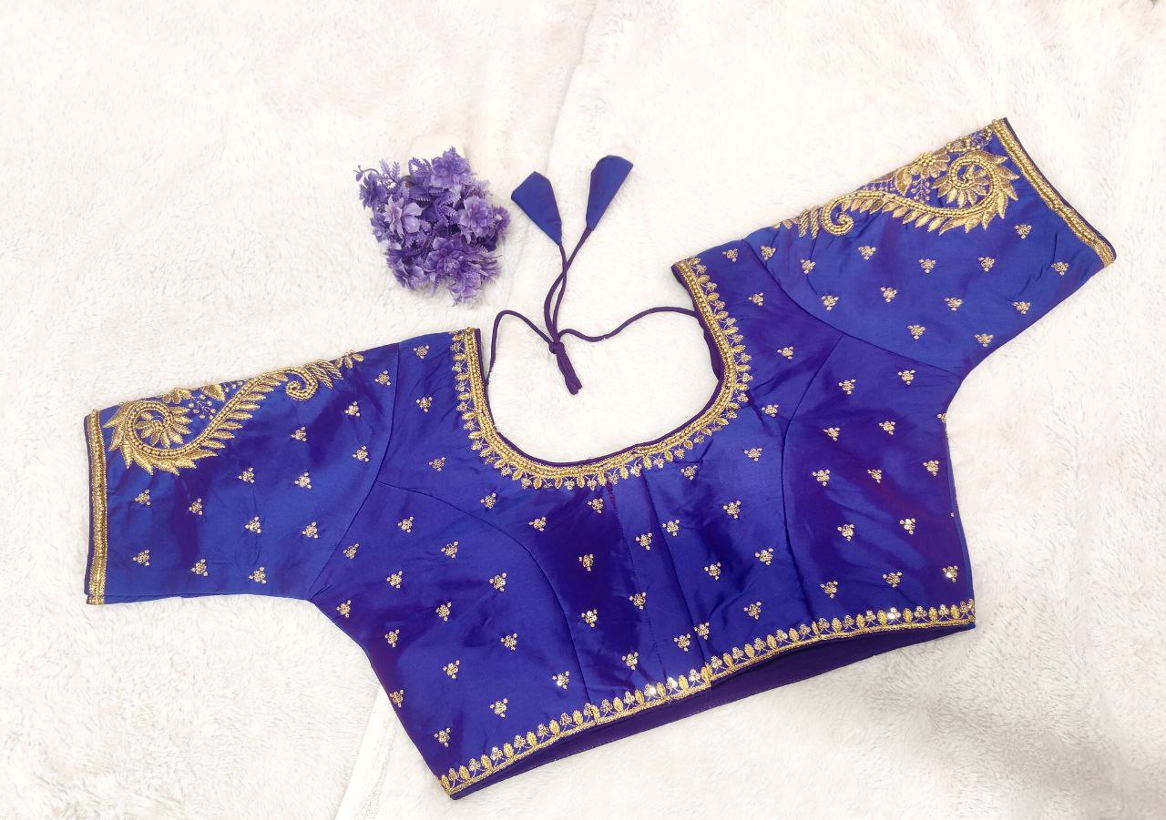 Pujia Mills Woman Milan Silk Round Neck with Half Sleeve with khatli Work Embroidered Design Open Back Readymade Blouse 38 Size