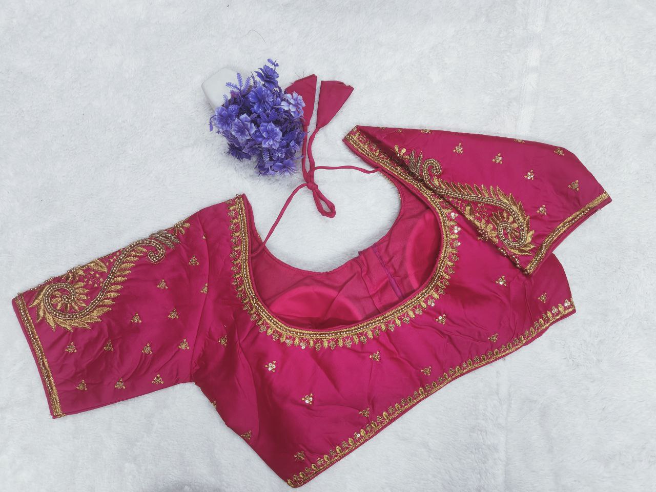 Pujia Mills Woman Milan Silk Round Neck with Half Sleeve with khatli Work Embroidered Design Open Back Readymade Blouse 38 Size