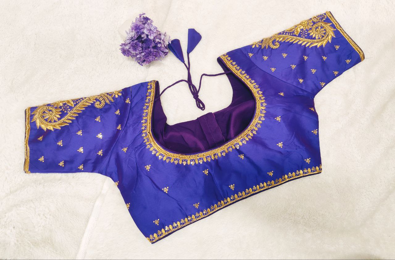 Pujia Mills Woman Milan Silk Round Neck with Half Sleeve with khatli Work Embroidered Design Open Back Readymade Blouse 38 Size