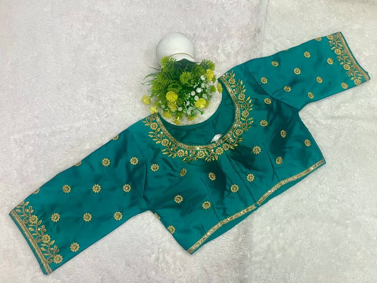 Pujia Mills Woman Milan Silk Round Neck with Half Sleeve with khatli Work Embroidered Design Readymade Blouse 38 Size