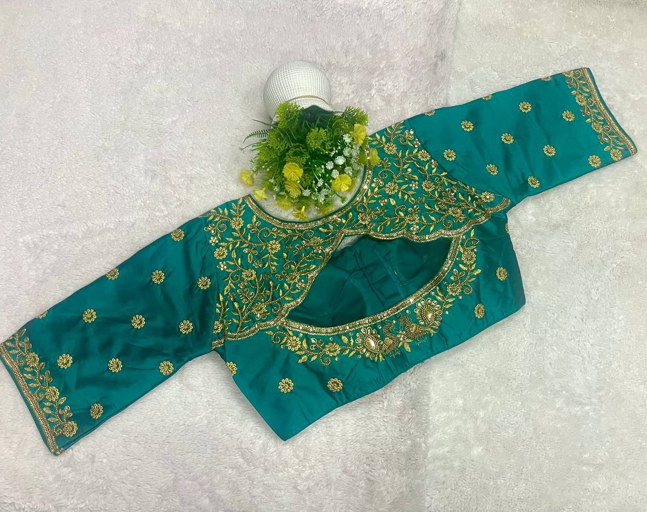 Pujia Mills Woman Milan Silk Round Neck with Half Sleeve with khatli Work Embroidered Design Readymade Blouse 38 Size