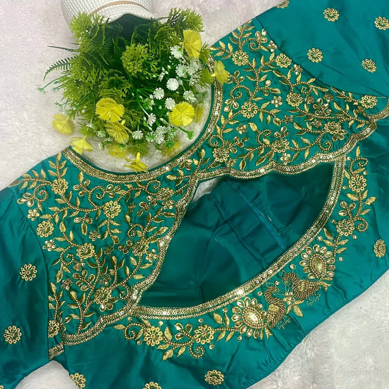 Pujia Mills Woman Milan Silk Round Neck with Half Sleeve with khatli Work Embroidered Design Readymade Blouse 38 Size