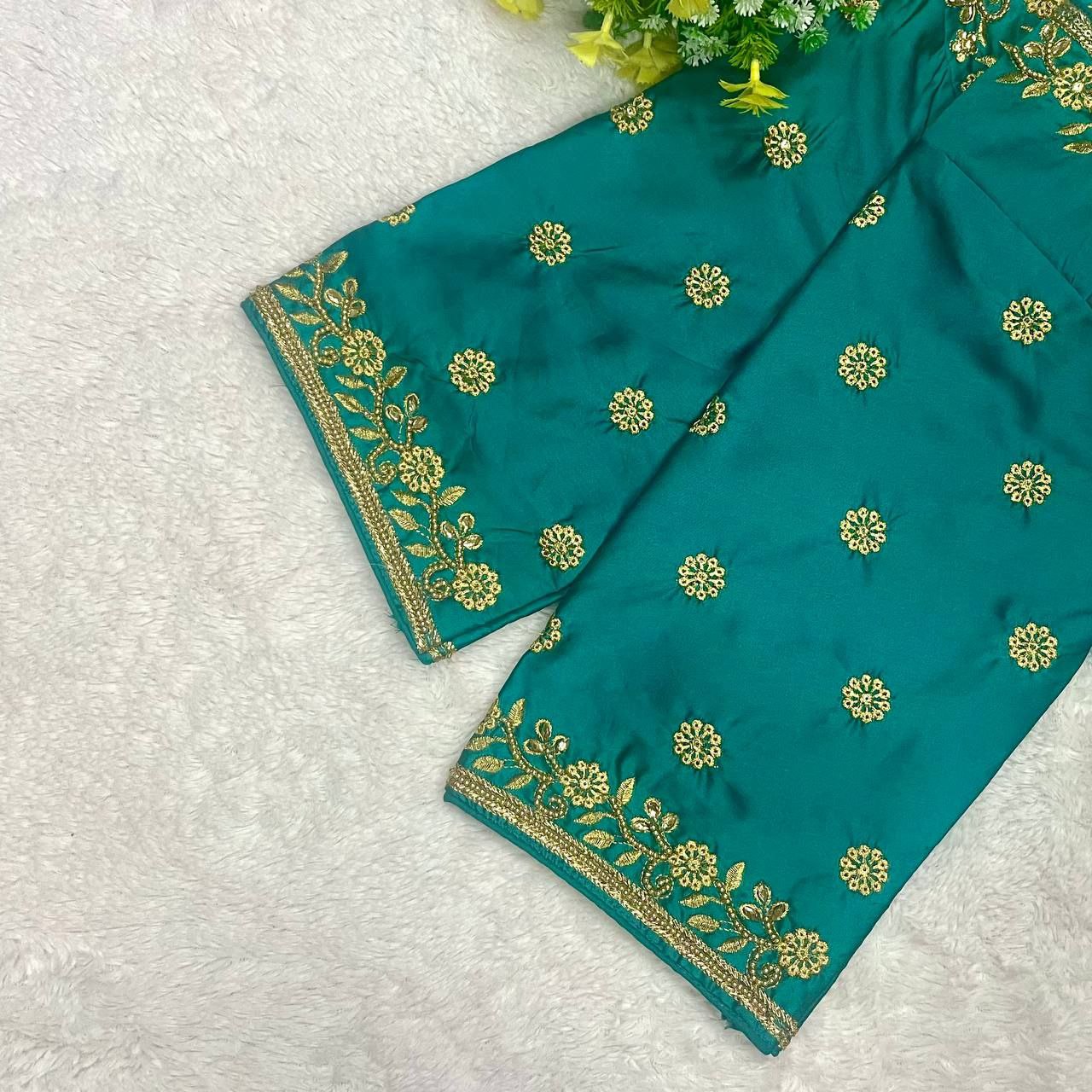 Pujia Mills Woman Milan Silk Round Neck with Half Sleeve with khatli Work Embroidered Design Readymade Blouse 38 Size