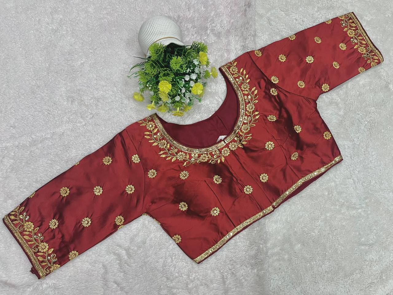 Pujia Mills Woman Milan Silk Round Neck with Half Sleeve with khatli Work Embroidered Design Readymade Blouse 38 Size