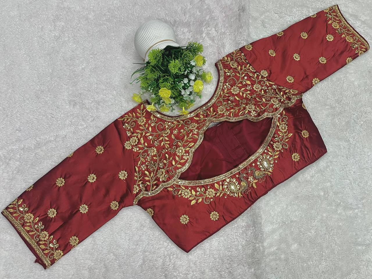 Pujia Mills Woman Milan Silk Round Neck with Half Sleeve with khatli Work Embroidered Design Readymade Blouse 38 Size
