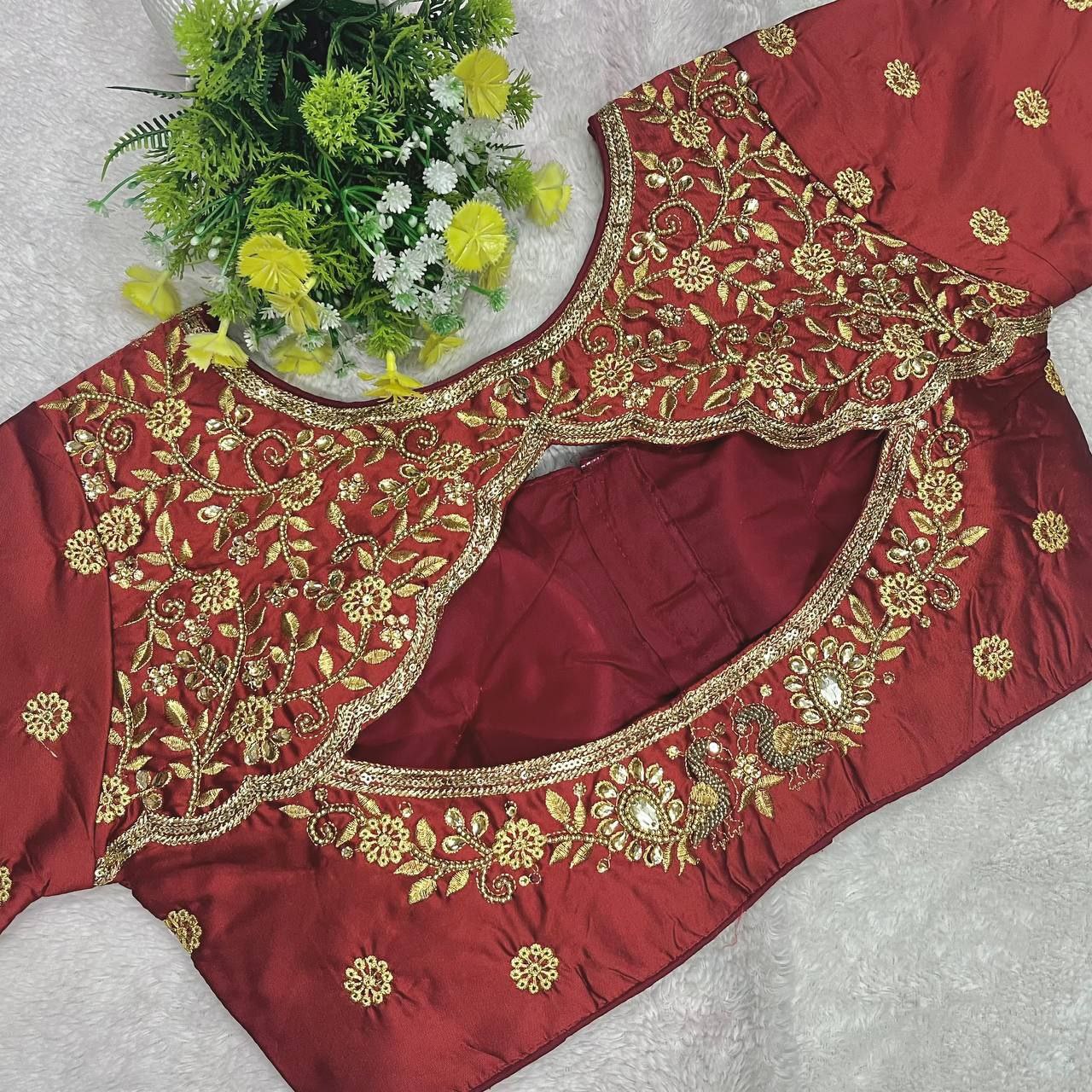 Pujia Mills Woman Milan Silk Round Neck with Half Sleeve with khatli Work Embroidered Design Readymade Blouse 38 Size
