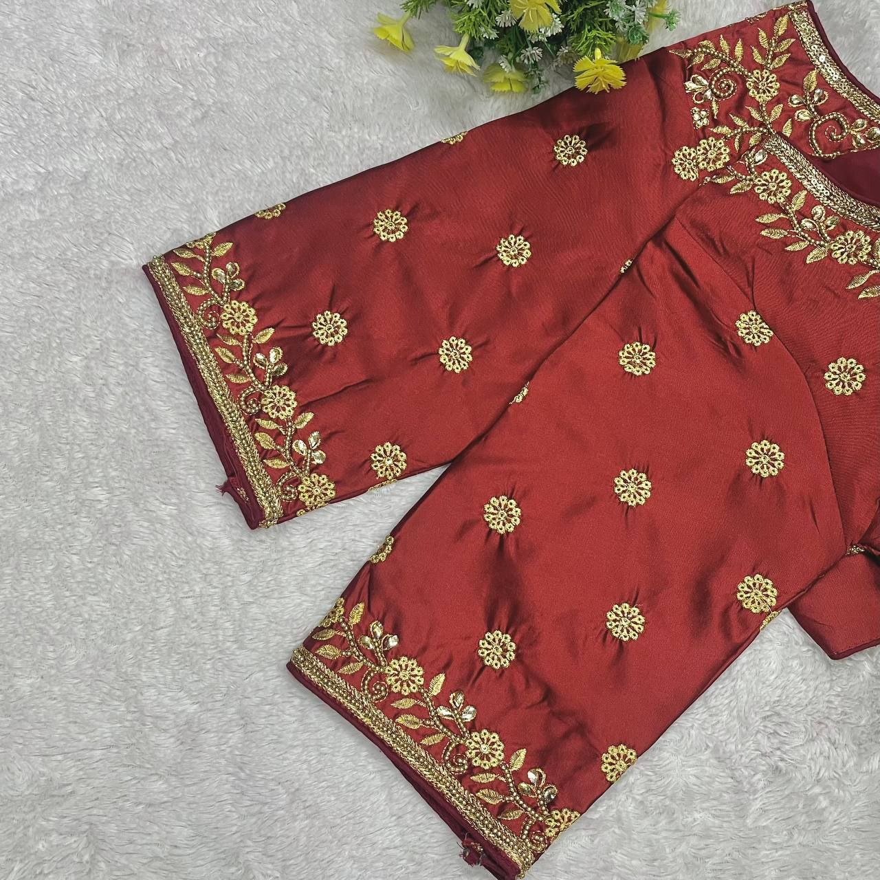 Pujia Mills Woman Milan Silk Round Neck with Half Sleeve with khatli Work Embroidered Design Readymade Blouse 38 Size