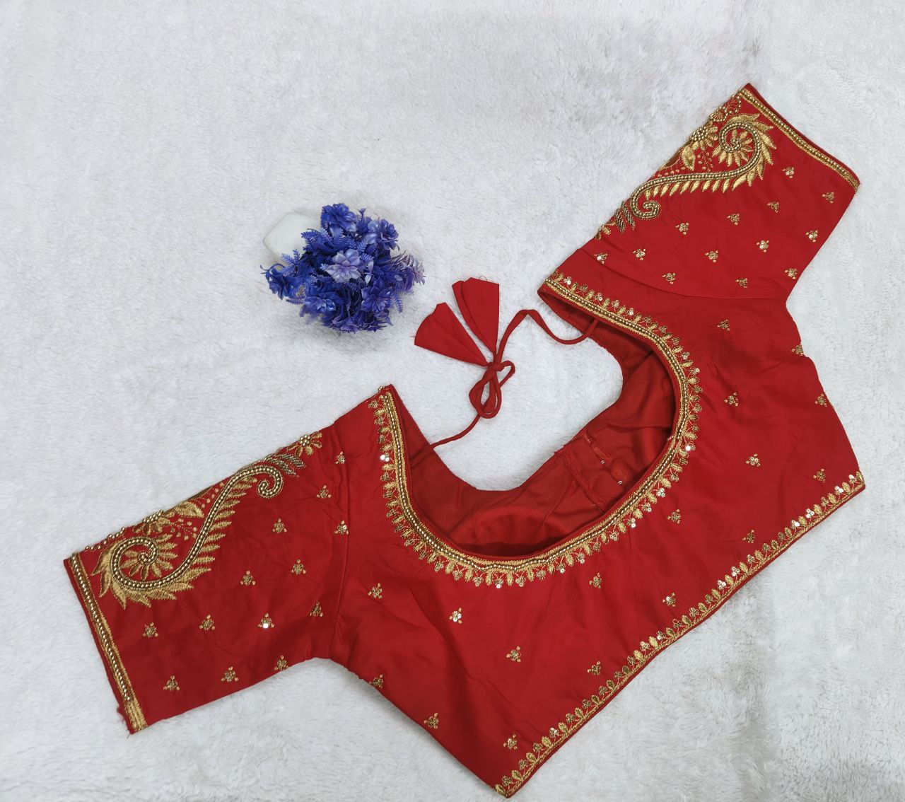 Pujia Mills Woman Milan Silk Round Neck with Half Sleeve with khatli Work Embroidered Design Open Back Readymade Blouse 38 Size