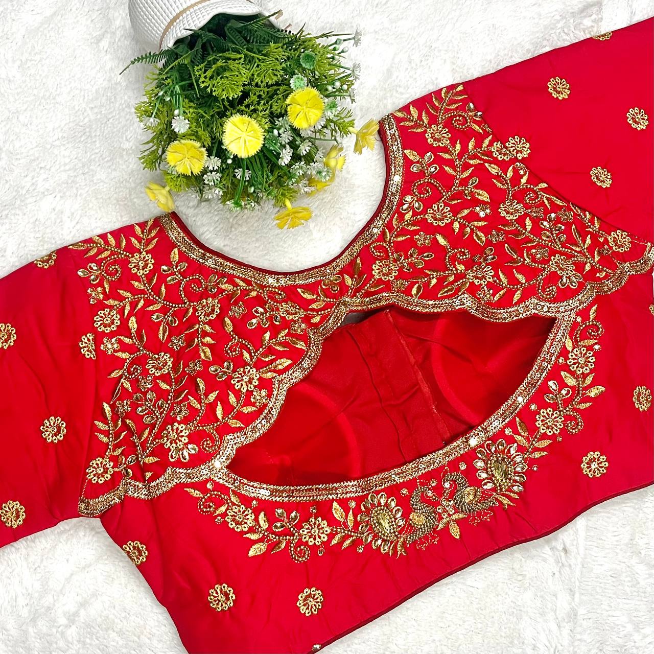 Pujia Mills Woman Milan Silk Round Neck with Half Sleeve with khatli Work Embroidered Design Readymade Blouse 38 Size