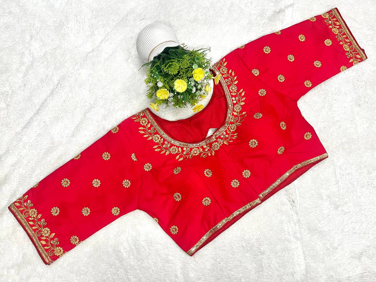 Pujia Mills Woman Milan Silk Round Neck with Half Sleeve with khatli Work Embroidered Design Readymade Blouse 38 Size