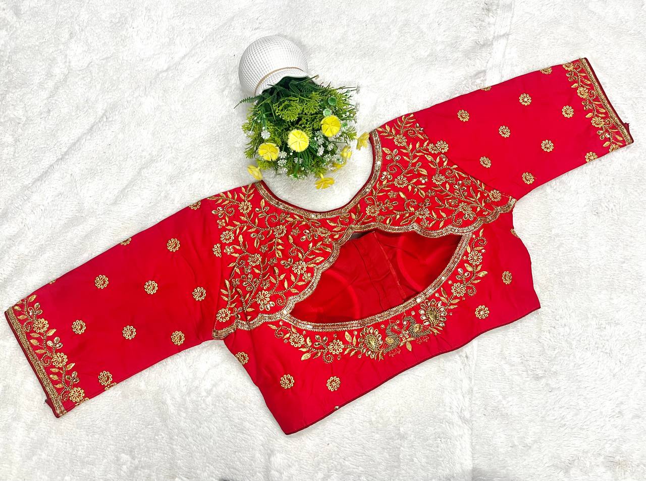 Pujia Mills Woman Milan Silk Round Neck with Half Sleeve with khatli Work Embroidered Design Readymade Blouse 38 Size