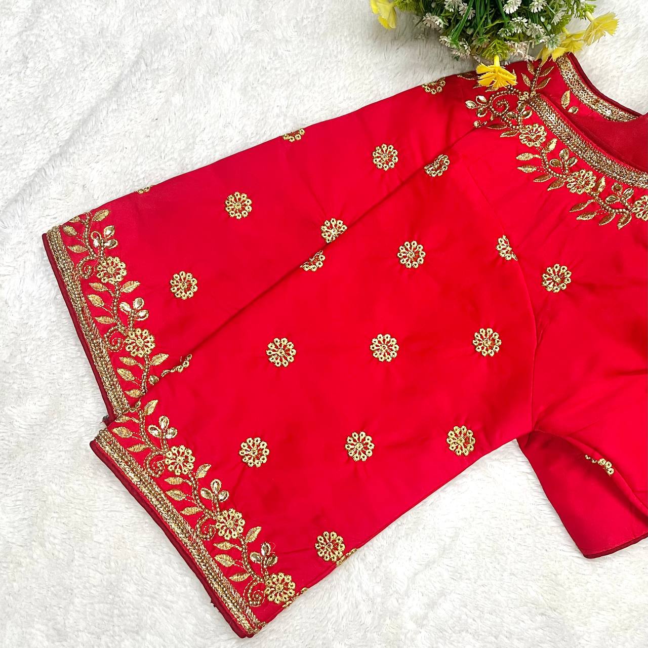 Pujia Mills Woman Milan Silk Round Neck with Half Sleeve with khatli Work Embroidered Design Readymade Blouse 38 Size