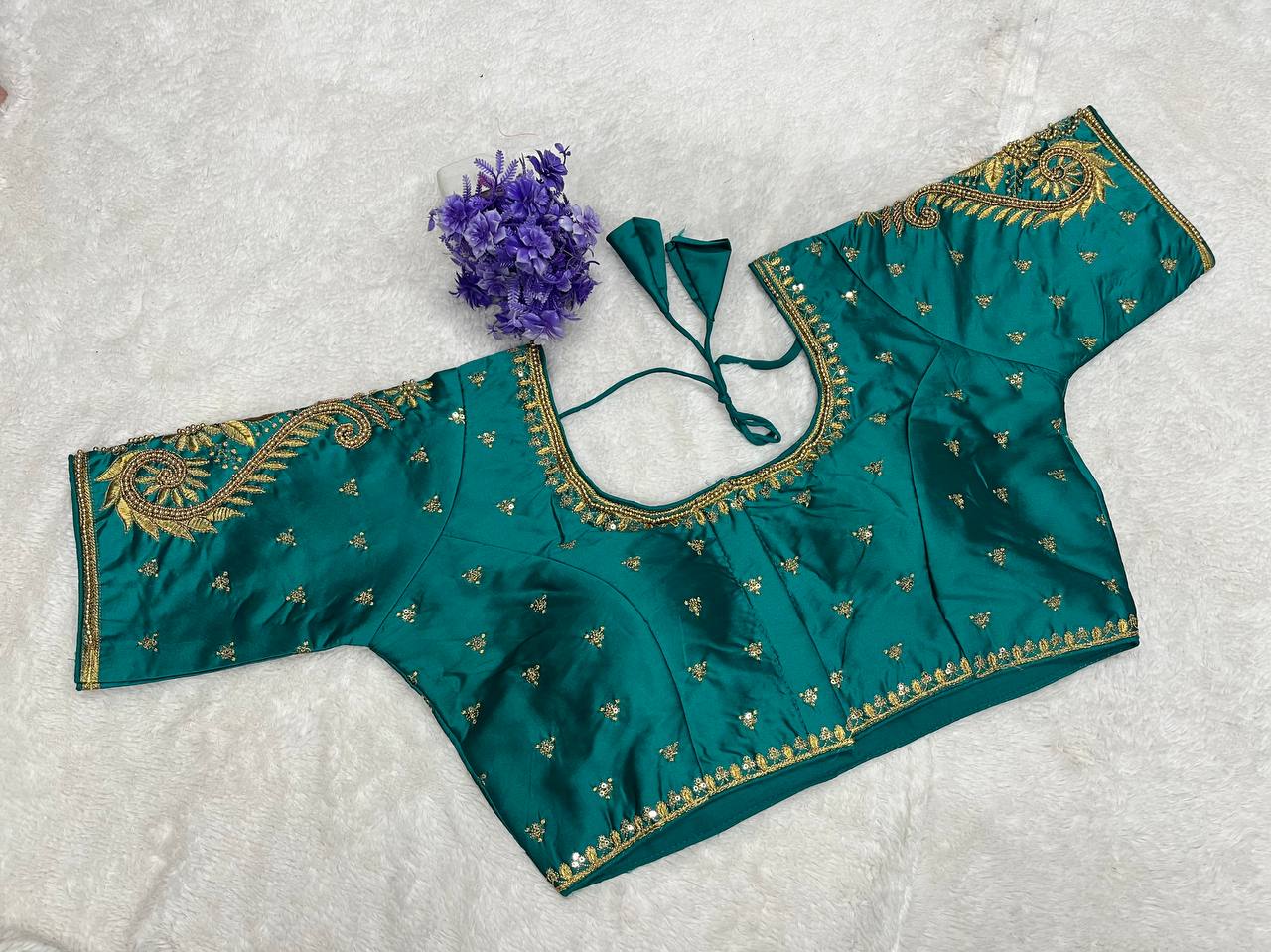 Pujia Mills Woman Milan Silk Round Neck with Half Sleeve with khatli Work Embroidered Design Open Back Readymade Blouse 38 Size