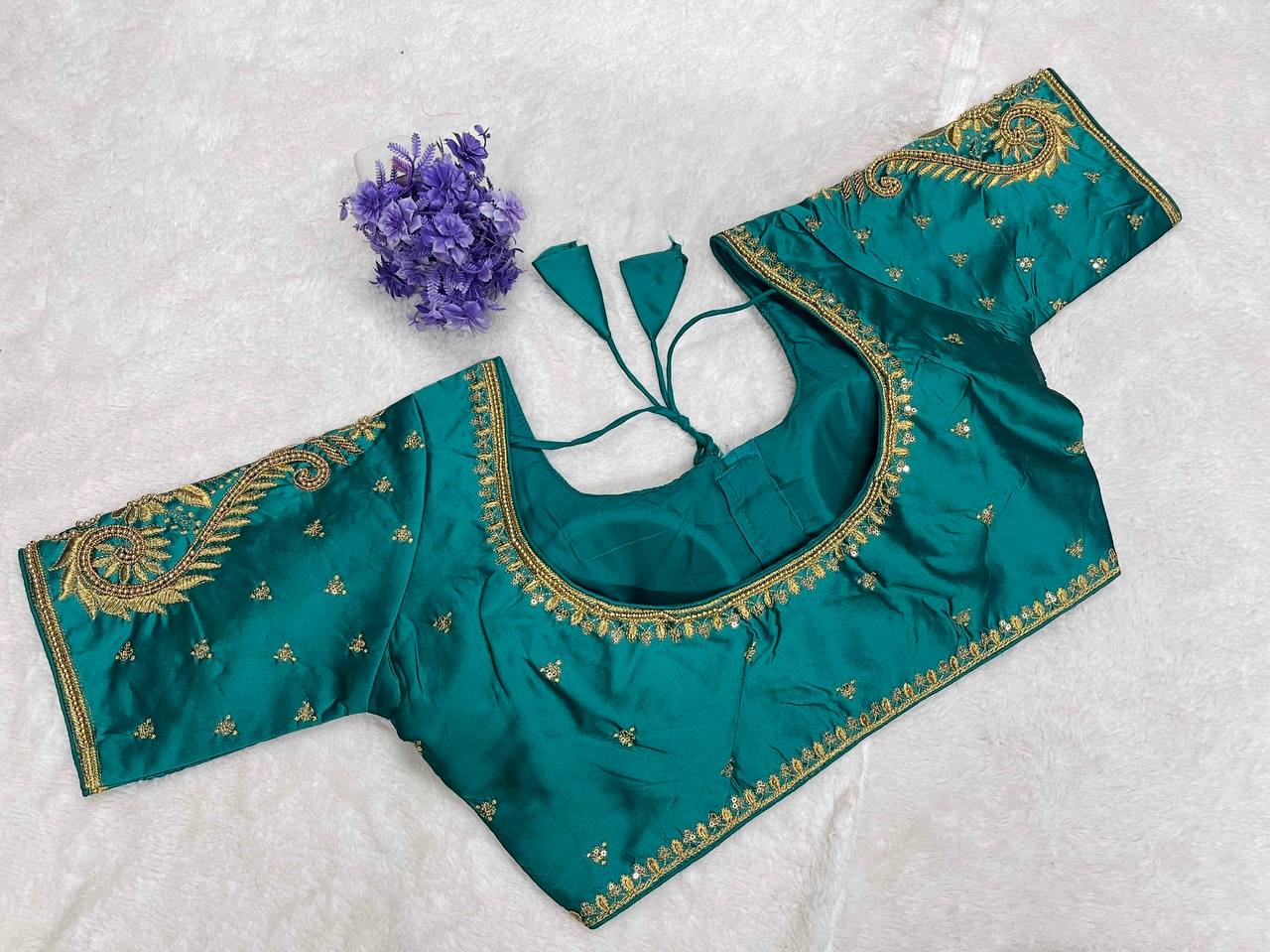 Pujia Mills Woman Milan Silk Round Neck with Half Sleeve with khatli Work Embroidered Design Open Back Readymade Blouse 38 Size