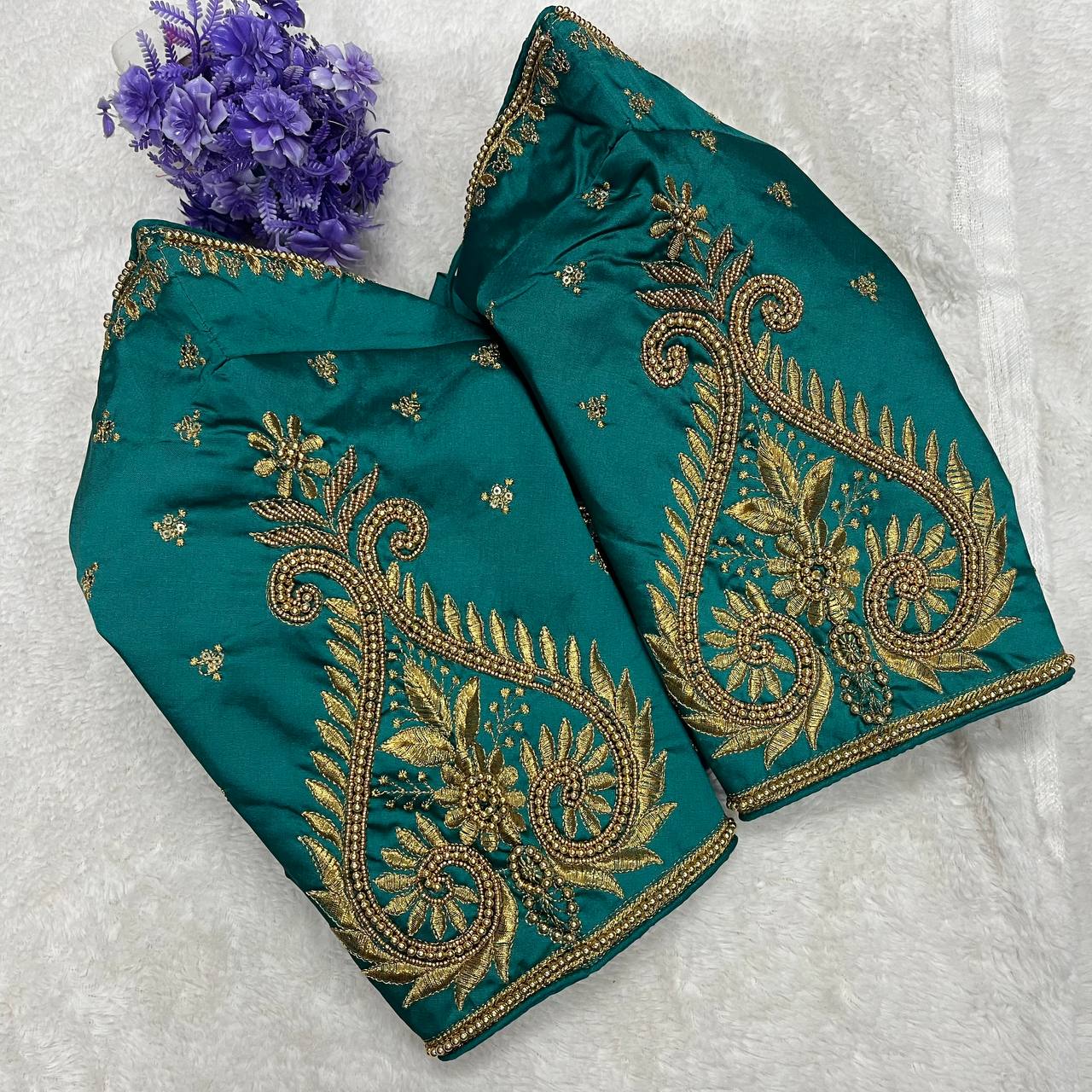 Pujia Mills Woman Milan Silk Round Neck with Half Sleeve with khatli Work Embroidered Design Open Back Readymade Blouse 38 Size