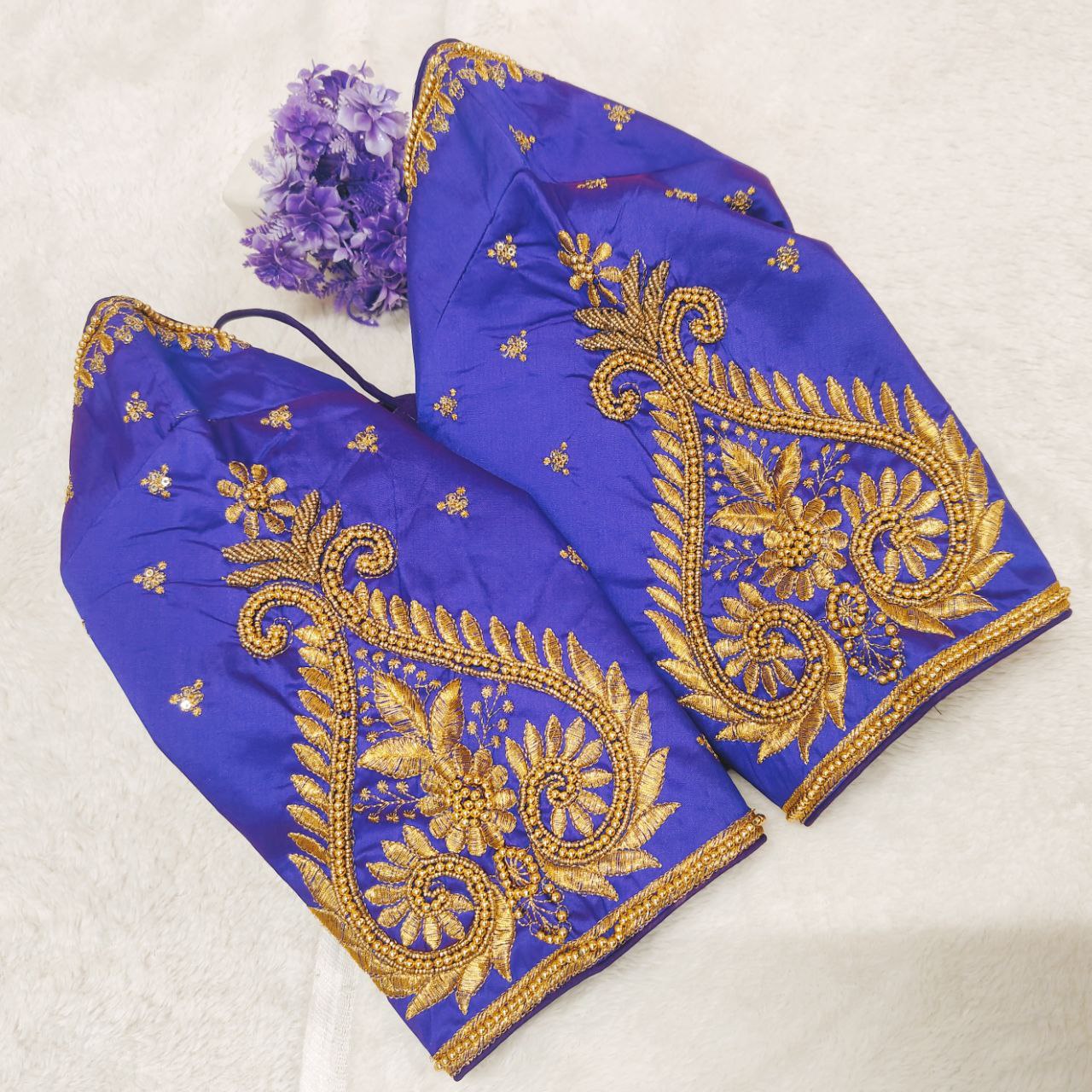Pujia Mills Woman Milan Silk Round Neck with Half Sleeve with khatli Work Embroidered Design Open Back Readymade Blouse 38 Size
