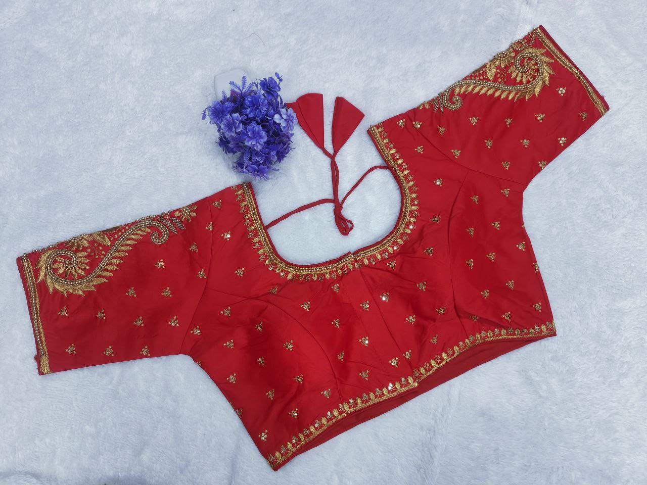 Pujia Mills Woman Milan Silk Round Neck with Half Sleeve with khatli Work Embroidered Design Open Back Readymade Blouse 38 Size