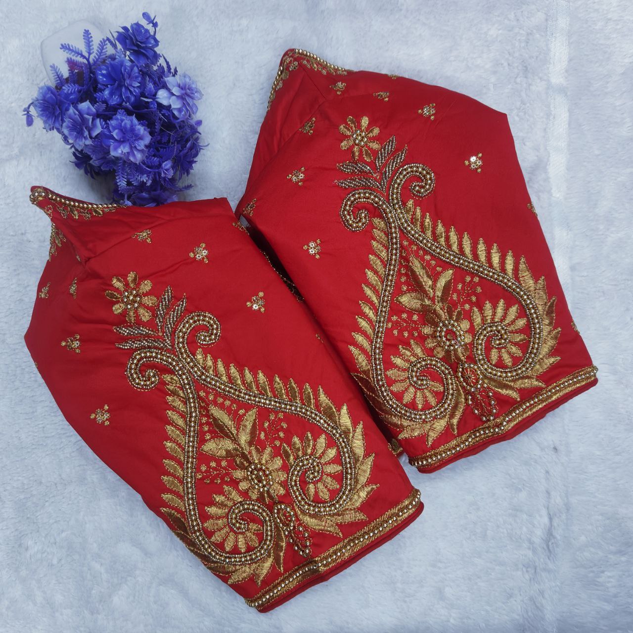 Pujia Mills Woman Milan Silk Round Neck with Half Sleeve with khatli Work Embroidered Design Open Back Readymade Blouse 38 Size