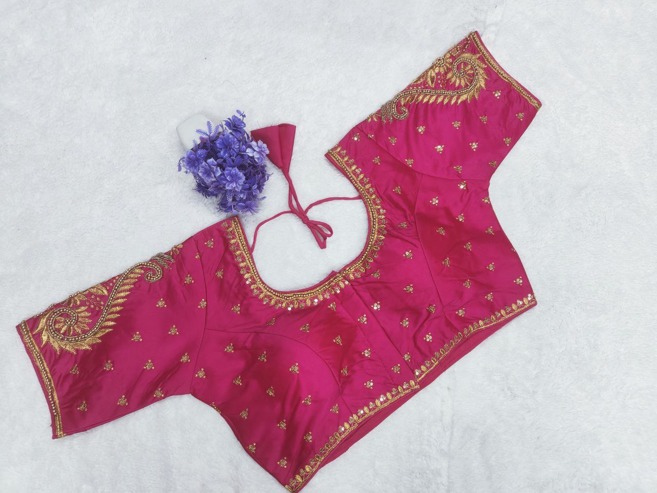 Pujia Mills Woman Milan Silk Round Neck with Half Sleeve with khatli Work Embroidered Design Open Back Readymade Blouse 38 Size