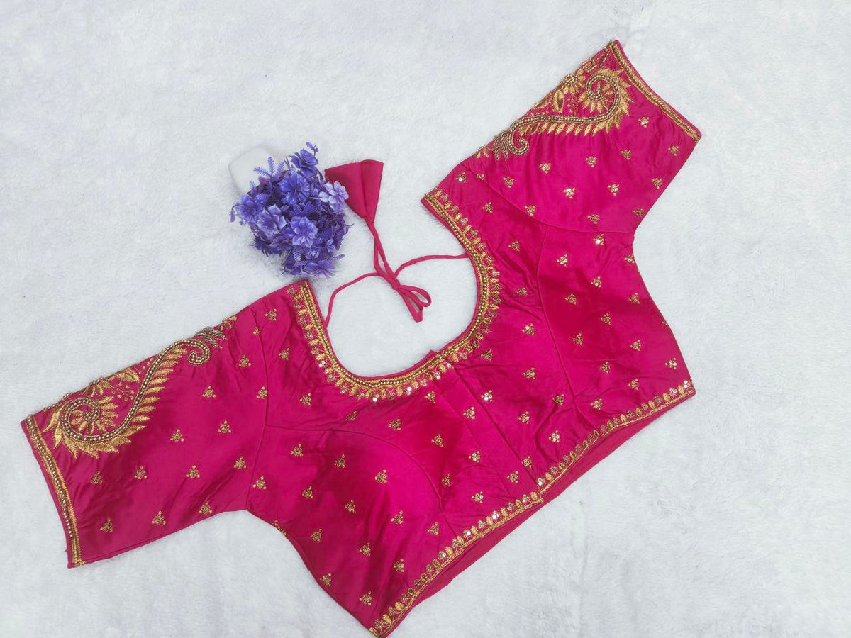 Pujia Mills Woman Milan Silk Round Neck with Half Sleeve with khatli Work Embroidered Design Open Back Readymade Blouse 38 Size
