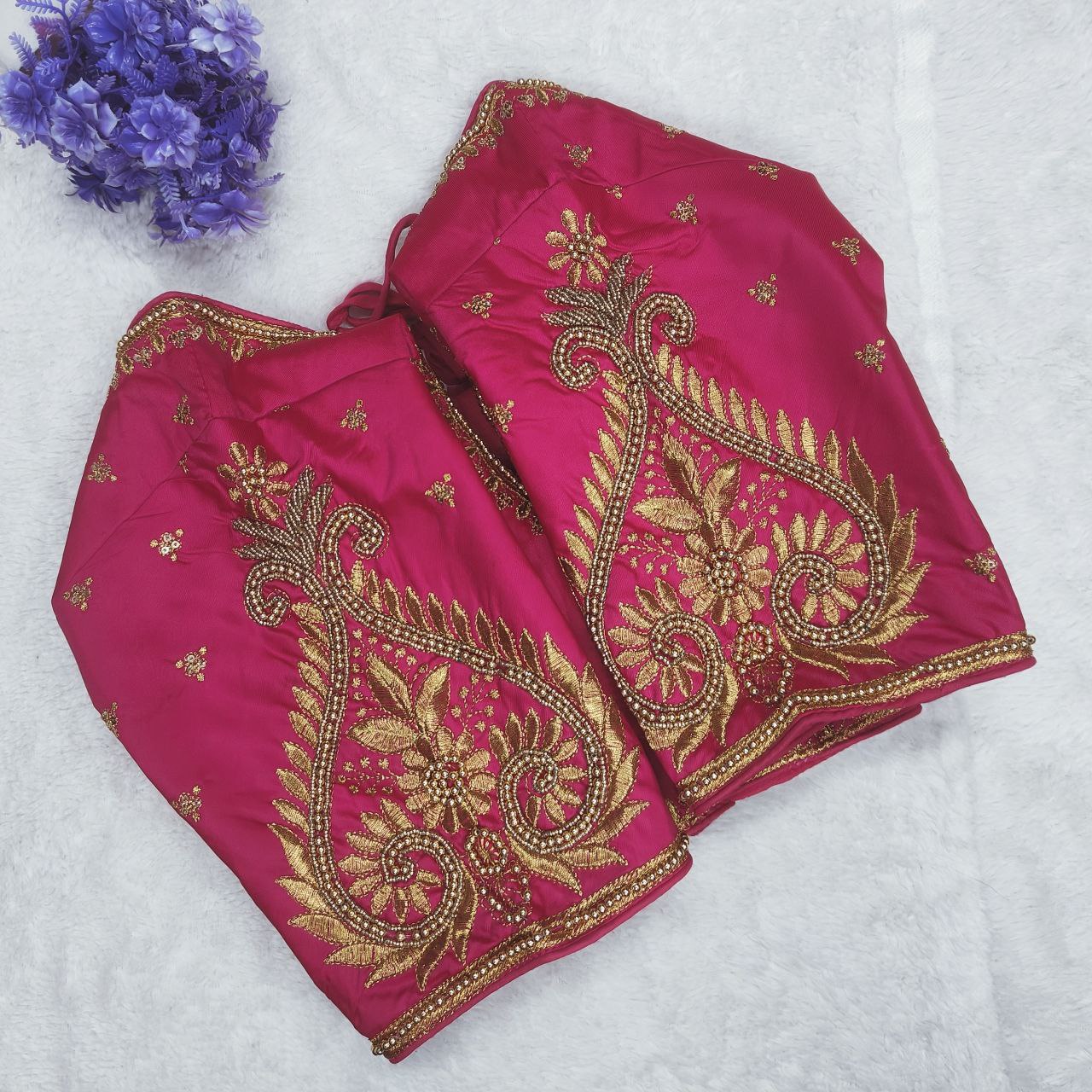Pujia Mills Woman Milan Silk Round Neck with Half Sleeve with khatli Work Embroidered Design Open Back Readymade Blouse 38 Size