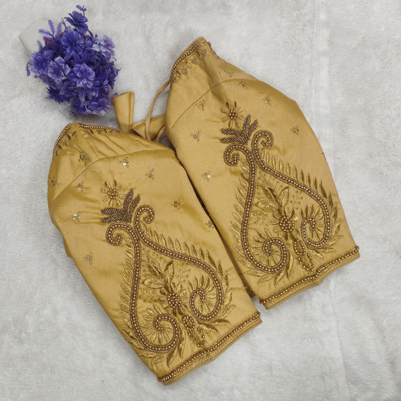 Pujia Mills Woman Milan Silk Round Neck with Half Sleeve with khatli Work Embroidered Design Open Back Readymade Blouse 38 Size