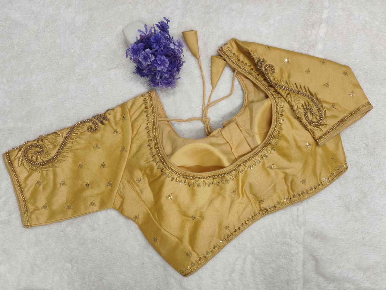 Pujia Mills Woman Milan Silk Round Neck with Half Sleeve with khatli Work Embroidered Design Open Back Readymade Blouse 38 Size