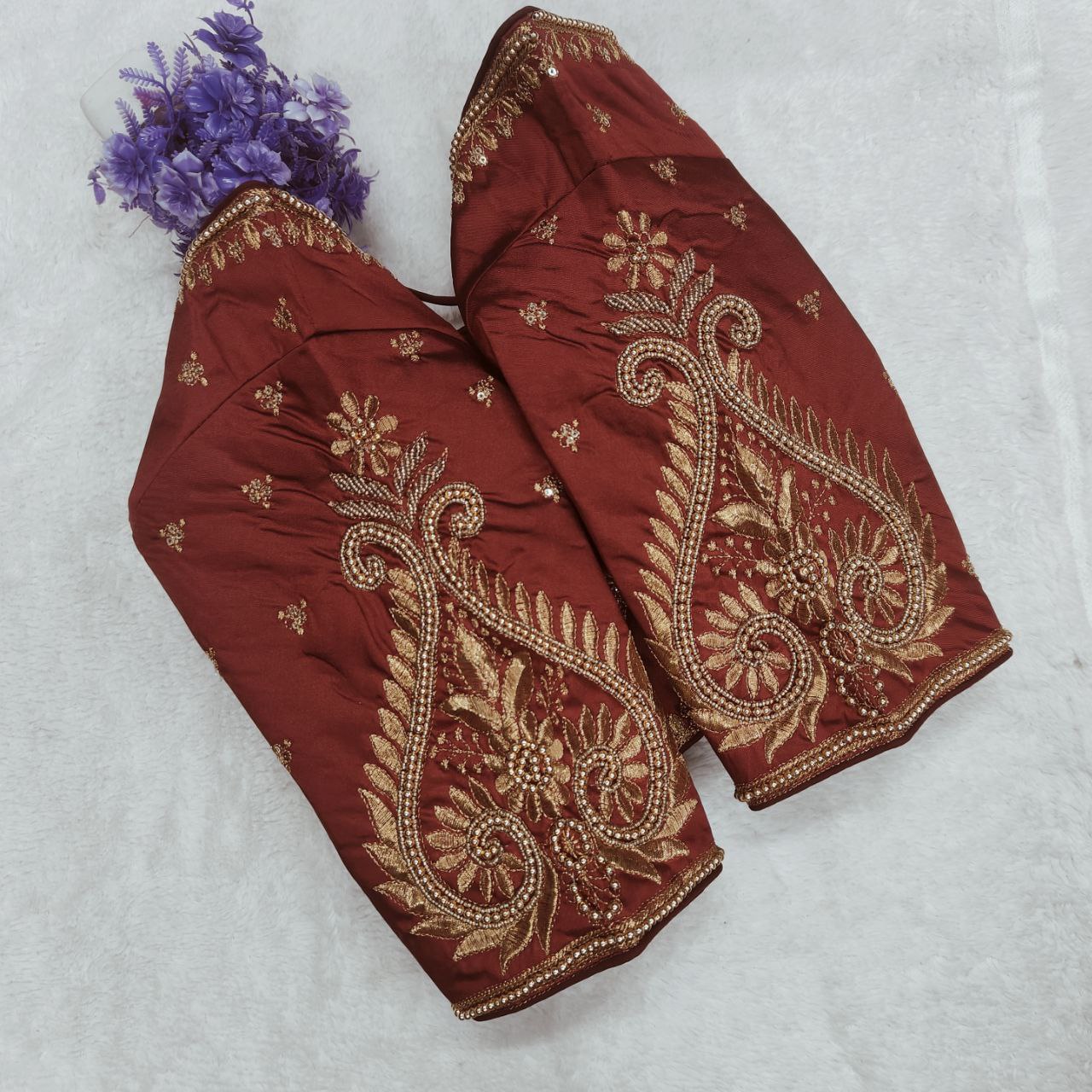 Pujia Mills Woman Milan Silk Round Neck with Half Sleeve with khatli Work Embroidered Design Open Back Readymade Blouse 38 Size