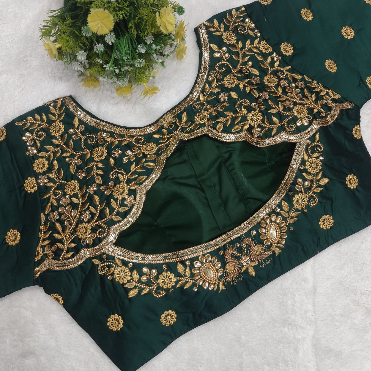 Pujia Mills Woman Milan Silk Round Neck with Half Sleeve with khatli Work Embroidered Design Readymade Blouse 38 Size