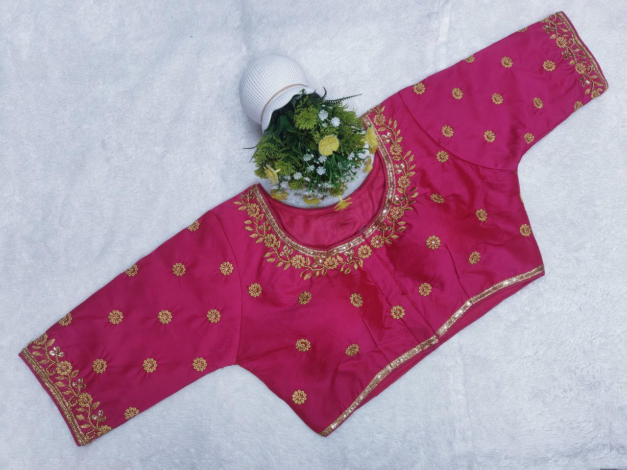Pujia Mills Woman Milan Silk Round Neck with Half Sleeve with khatli Work Embroidered Design Readymade Blouse 38 Size