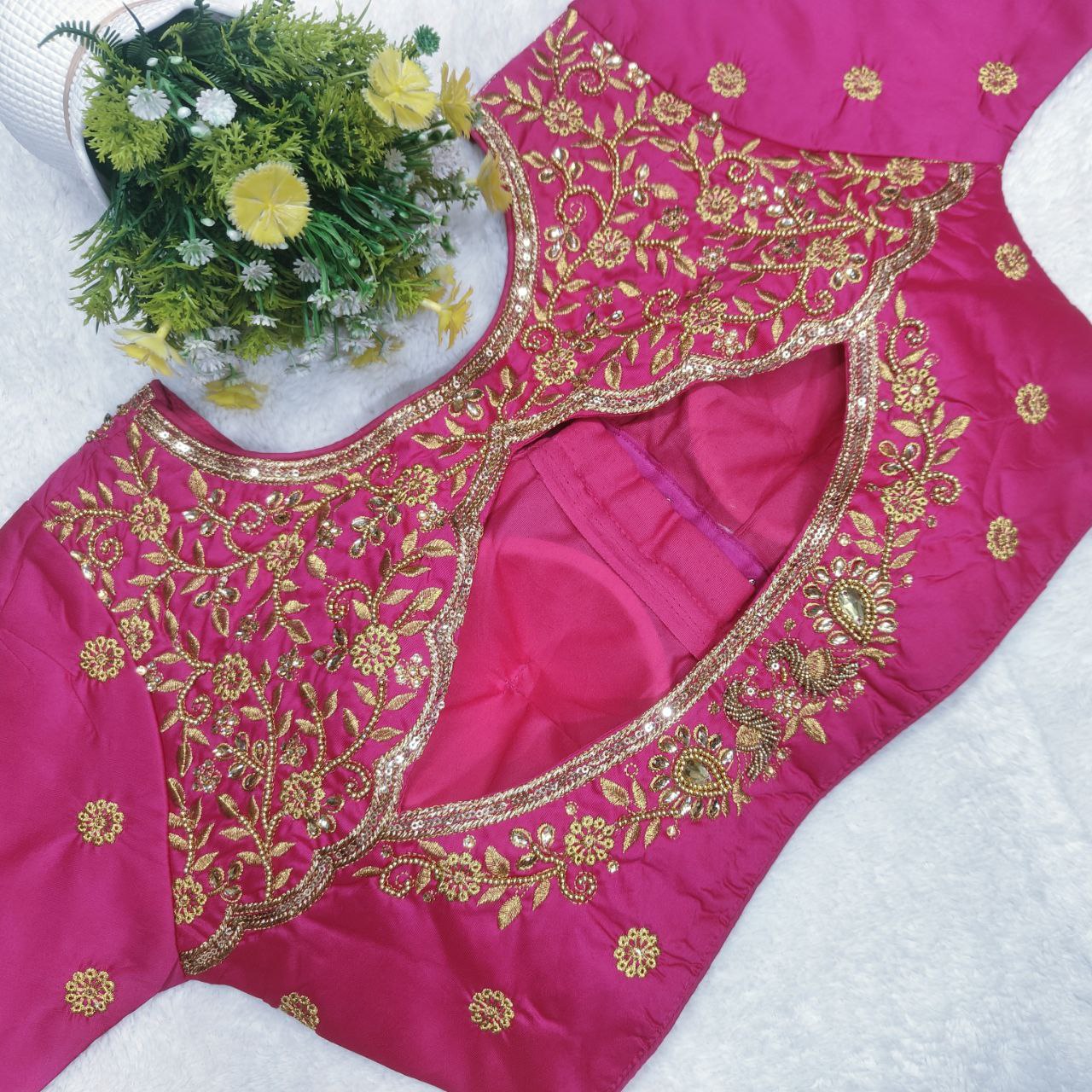 Pujia Mills Woman Milan Silk Round Neck with Half Sleeve with khatli Work Embroidered Design Readymade Blouse 38 Size