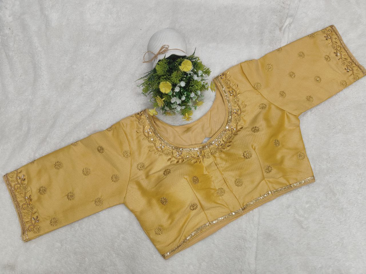 Pujia Mills Woman Milan Silk Round Neck with Half Sleeve with khatli Work Embroidered Design Readymade Blouse 38 Size