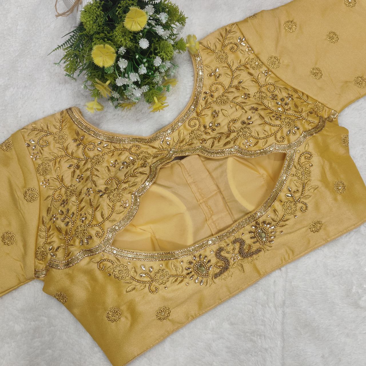 Pujia Mills Woman Milan Silk Round Neck with Half Sleeve with khatli Work Embroidered Design Readymade Blouse 38 Size