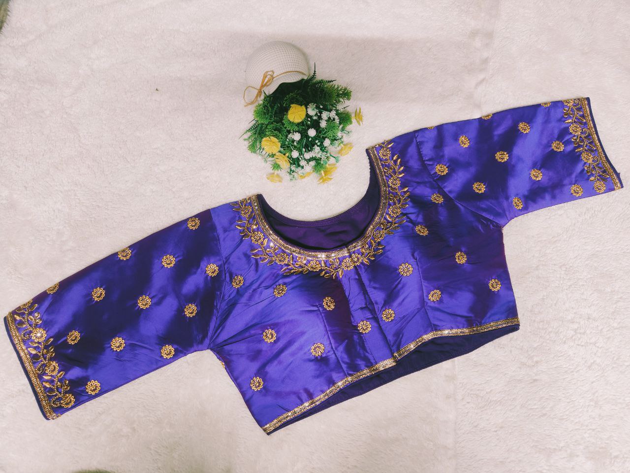 Pujia Mills Woman Milan Silk Round Neck with Half Sleeve with khatli Work Embroidered Design Readymade Blouse 38 Size
