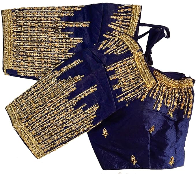 Pujia Mills Women's Silk Embroidery Maggam Khatli Work with Stone Work Readymade Blouse ( SuryaKiran )