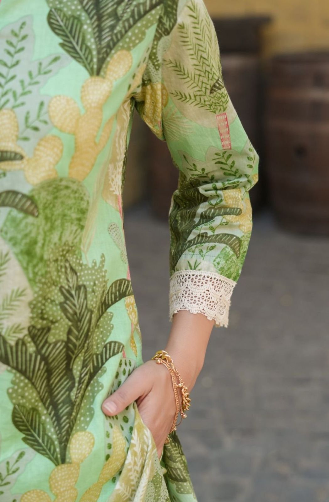 Pujia Mills Pista Green Rayon Kurta Set for Women | Elegant Lace Work Office & Casual Wear Outfit