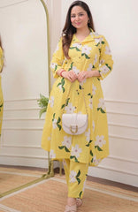 Pujia Mills Yellow Floral Rayon Kurta Set for Women | Stylish Casual & Office Wear Outfit