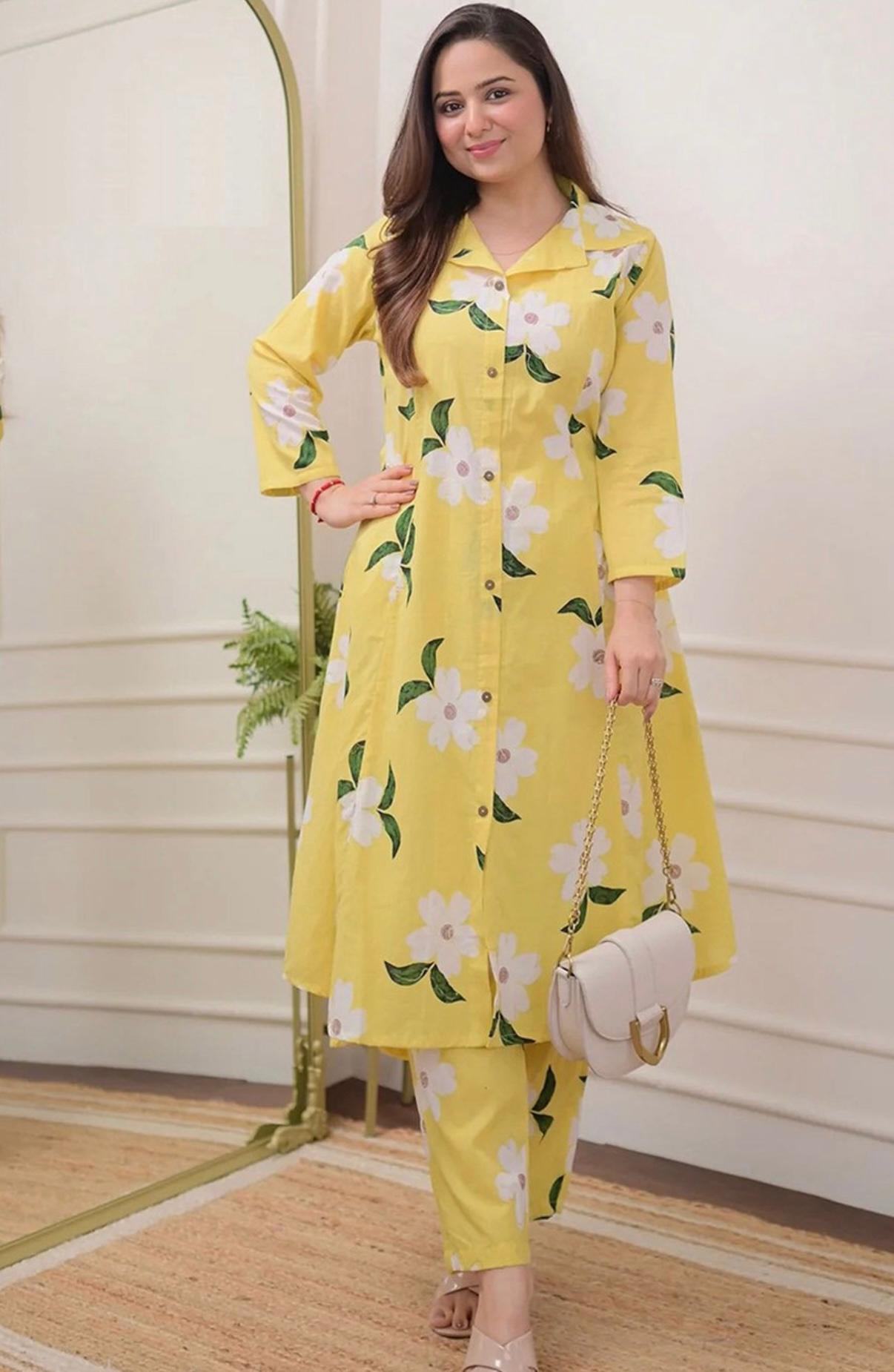 Pujia Mills Yellow Floral Rayon Kurta Set for Women | Stylish Casual & Office Wear Outfit