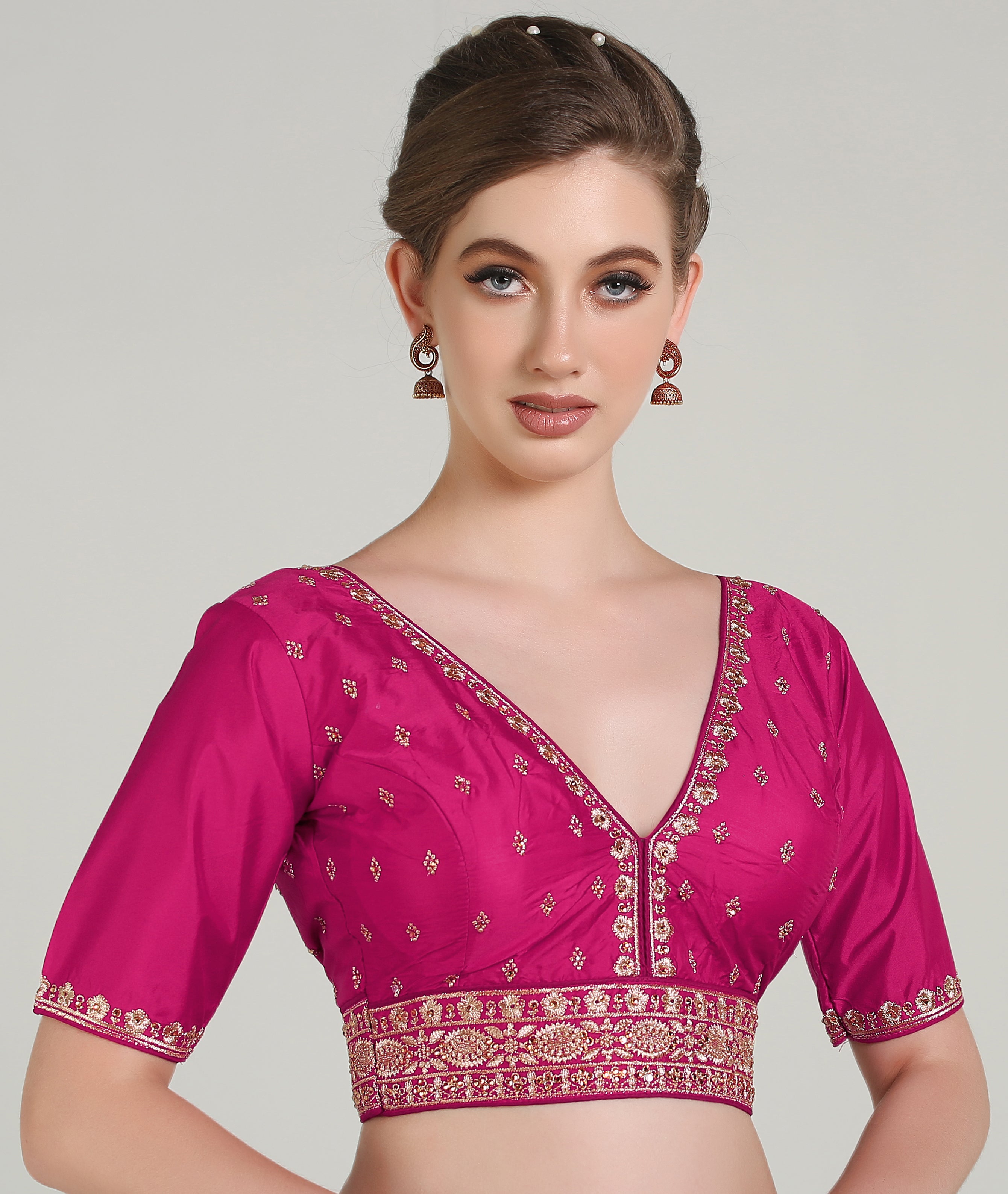 Pujia Mills Woman Readymade Blouse Ethnic wear deep V Neck Classic butti Designer Saree Blouse Half Sleeve Dark Color Blouse Online Embroidery zari Work with Diamond Work Border Blouse