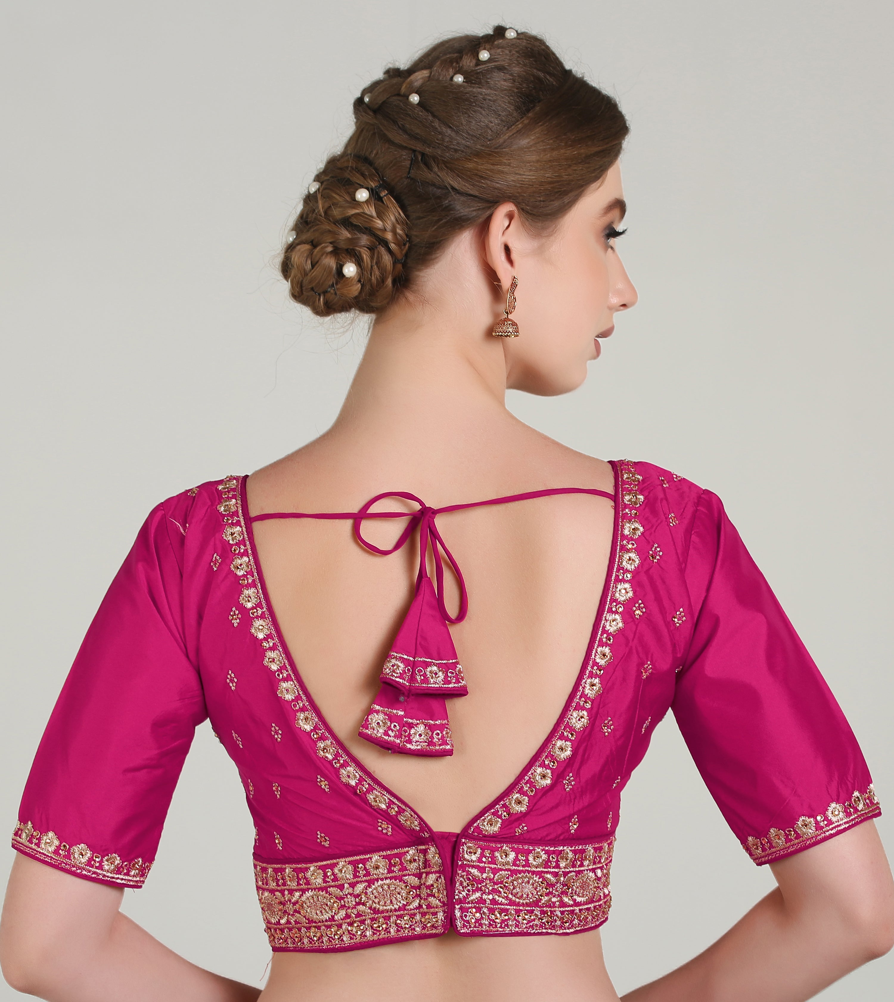 Pujia Mills Woman Readymade Blouse Ethnic wear deep V Neck Classic butti Designer Saree Blouse Half Sleeve Dark Color Blouse Online Embroidery zari Work with Diamond Work Border Blouse