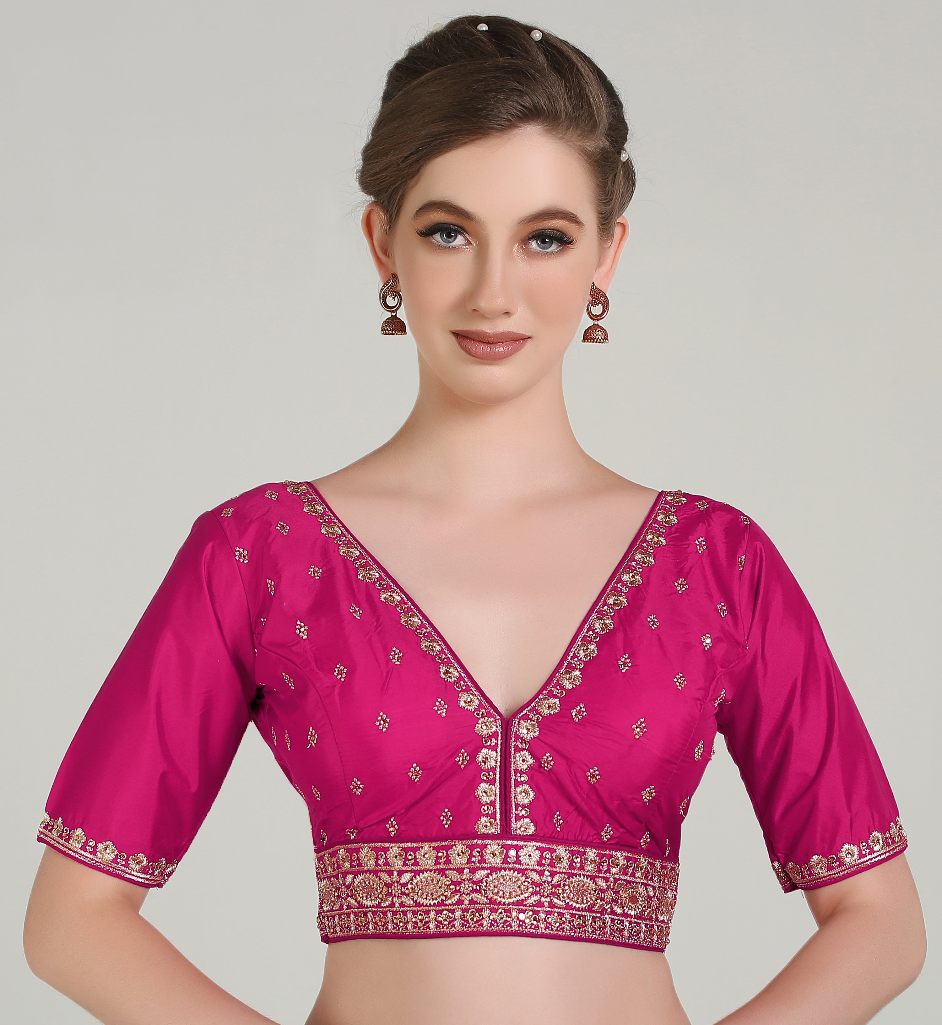 Pujia Mills Woman Readymade Blouse Ethnic wear deep V Neck Classic butti Designer Saree Blouse Half Sleeve Dark Color Blouse Online Embroidery zari Work with Diamond Work Border Blouse