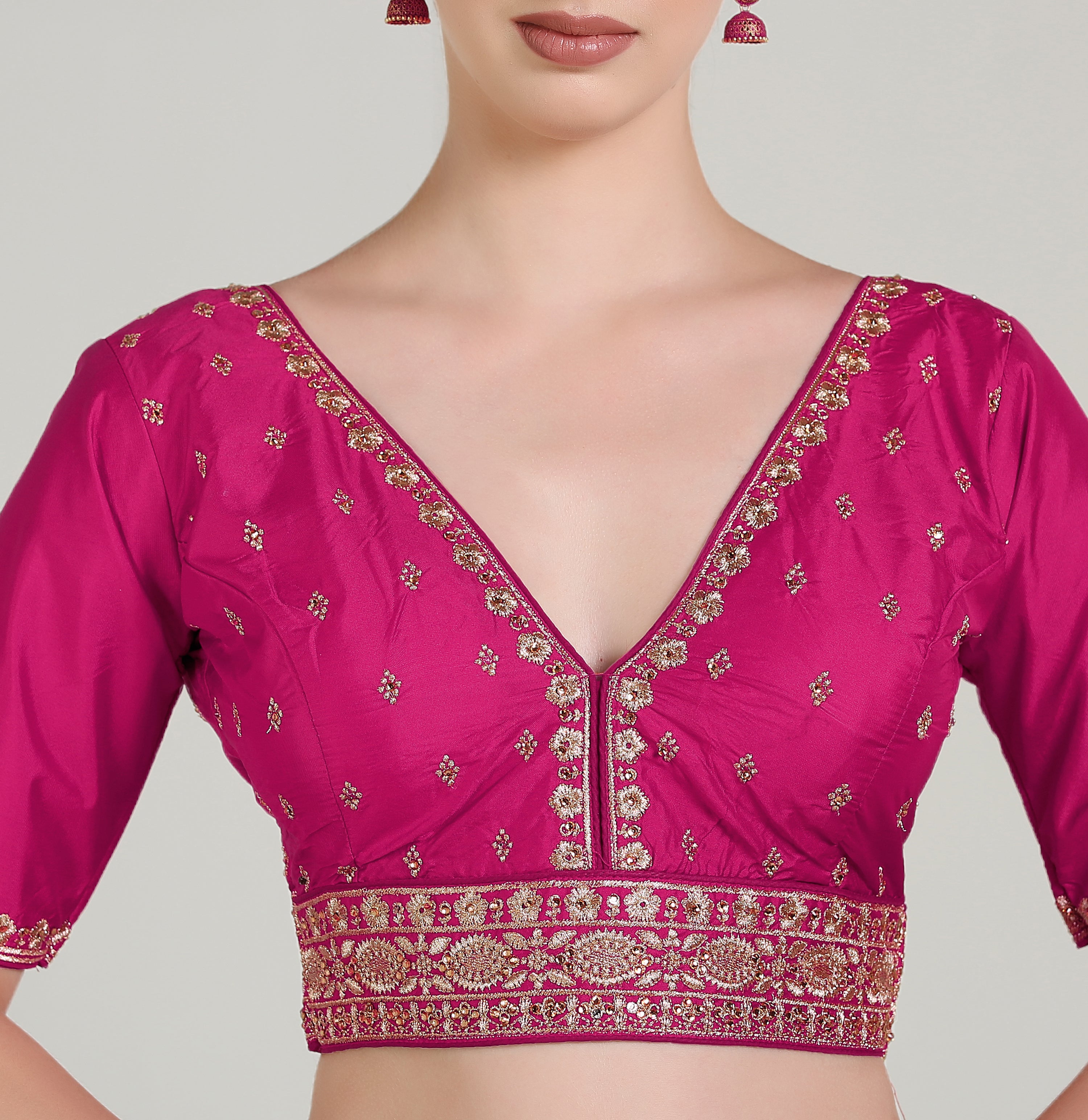 Pujia Mills Woman Readymade Blouse Ethnic wear deep V Neck Classic butti Designer Saree Blouse Half Sleeve Dark Color Blouse Online Embroidery zari Work with Diamond Work Border Blouse