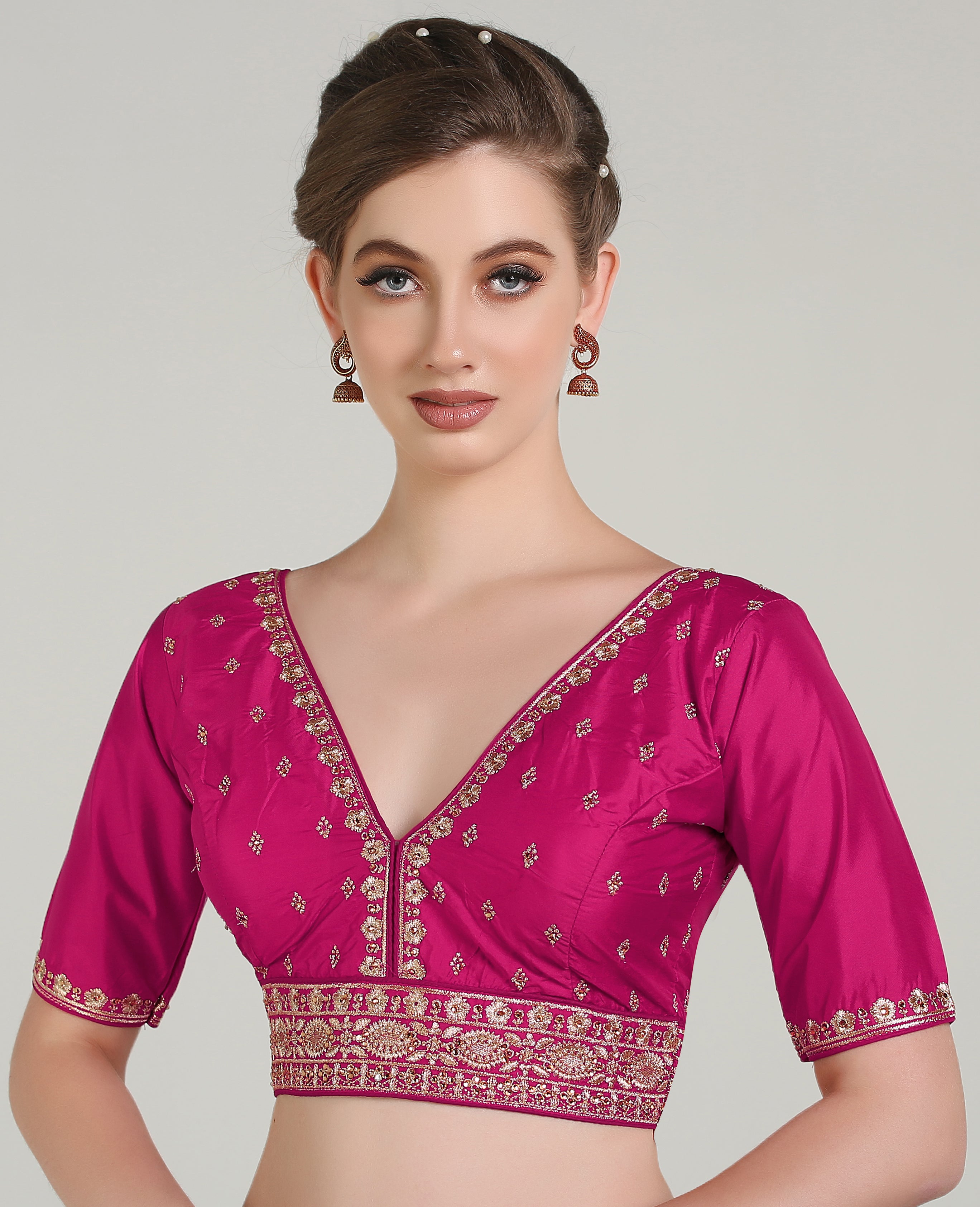 Pujia Mills Woman Readymade Blouse Ethnic wear deep V Neck Classic butti Designer Saree Blouse Half Sleeve Dark Color Blouse Online Embroidery zari Work with Diamond Work Border Blouse