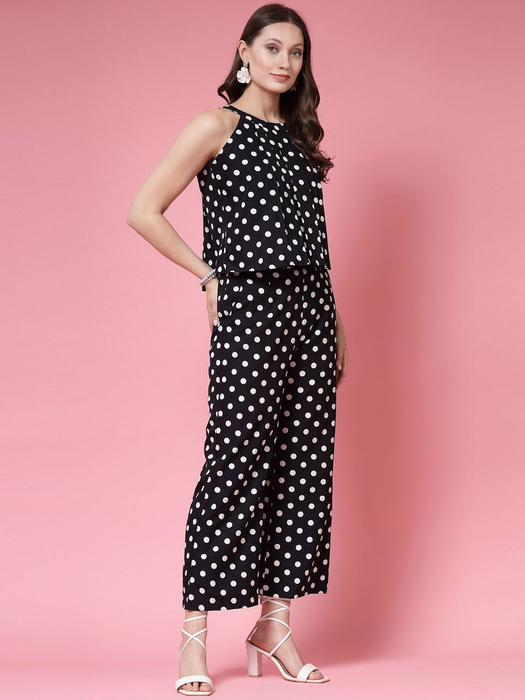 Pujia Mills Women’s Black Top with White Polka Dots & Palazzo Set || Elegant Co-ord Outfit for Casual, Office & Travel Wear