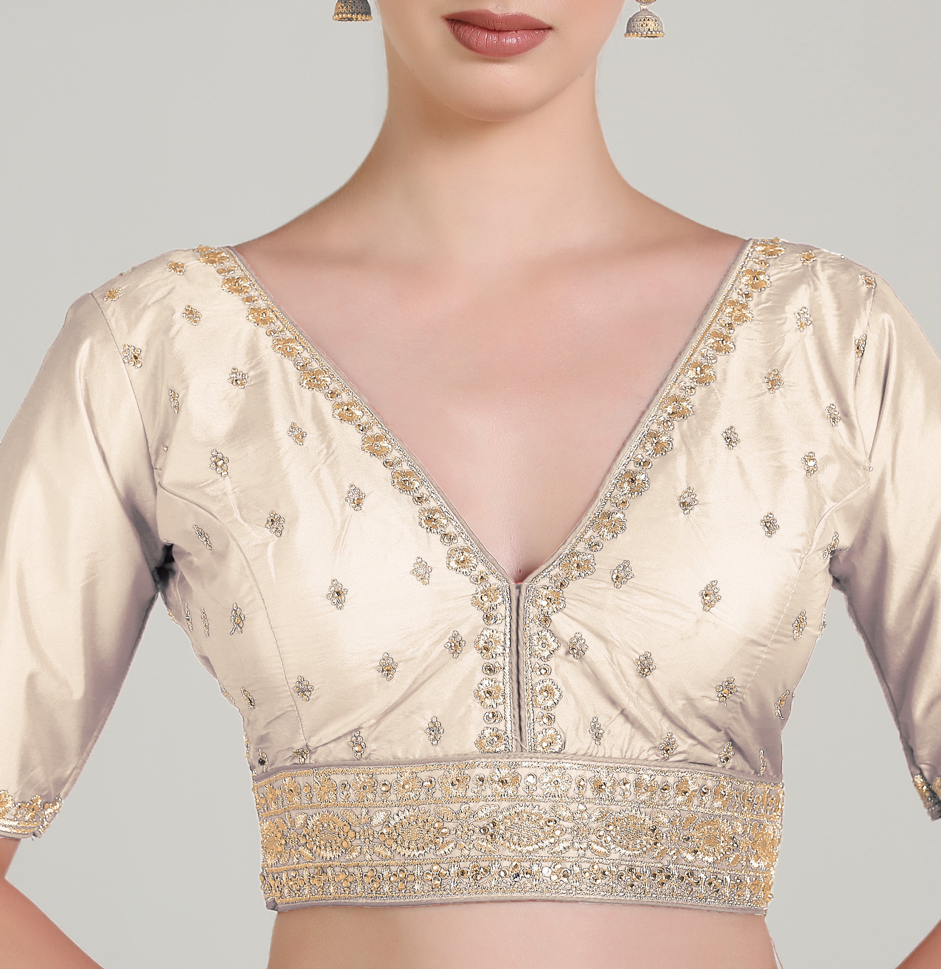 Pujia Mills Woman Readymade Blouse Ethnic wear deep V Neck Classic butti Designer Saree Blouse Half Sleeve Dark Color Blouse Online Embroidery zari Work with Diamond Work Border Blouse