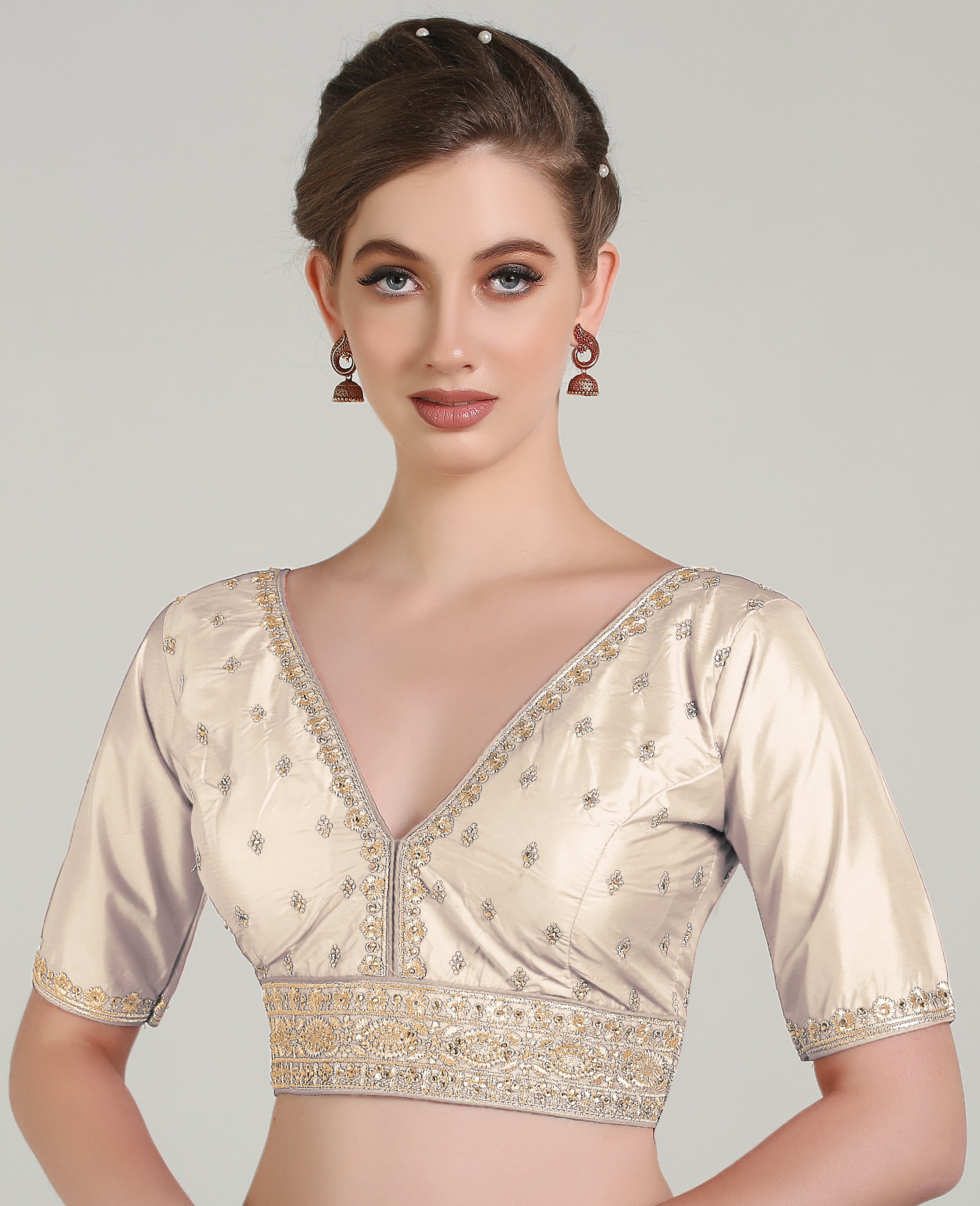 Pujia Mills Woman Readymade Blouse Ethnic wear deep V Neck Classic butti Designer Saree Blouse Half Sleeve Dark Color Blouse Online Embroidery zari Work with Diamond Work Border Blouse