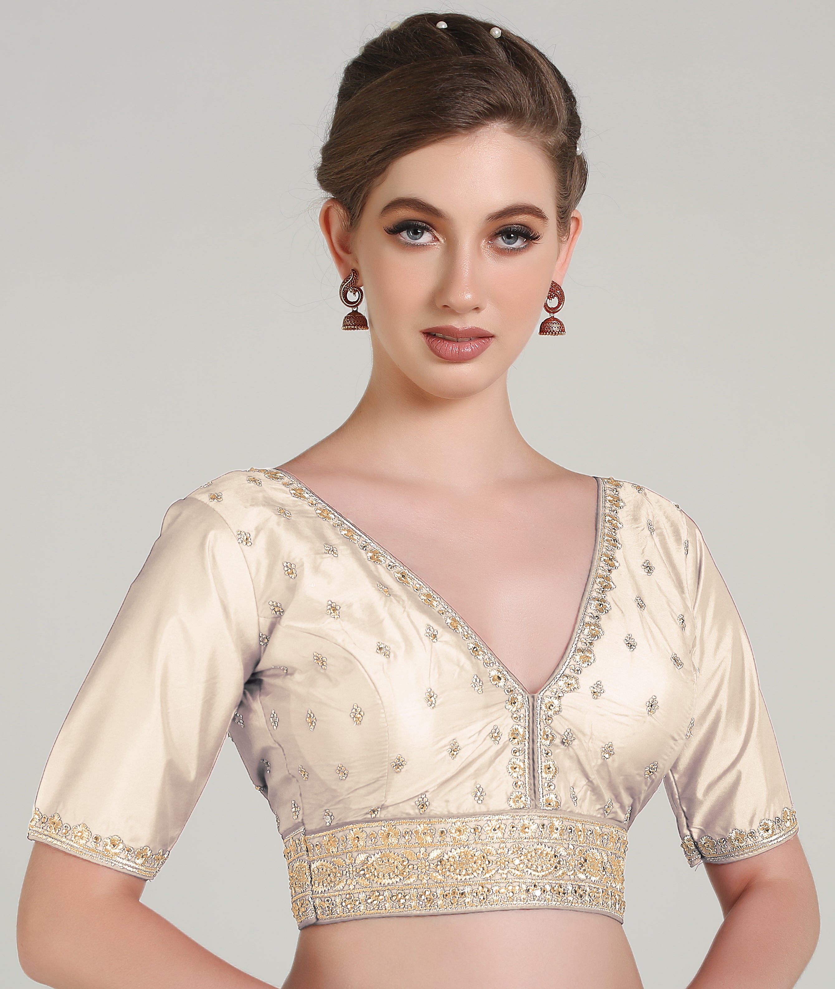 Pujia Mills Woman Readymade Blouse Ethnic wear deep V Neck Classic butti Designer Saree Blouse Half Sleeve Dark Color Blouse Online Embroidery zari Work with Diamond Work Border Blouse