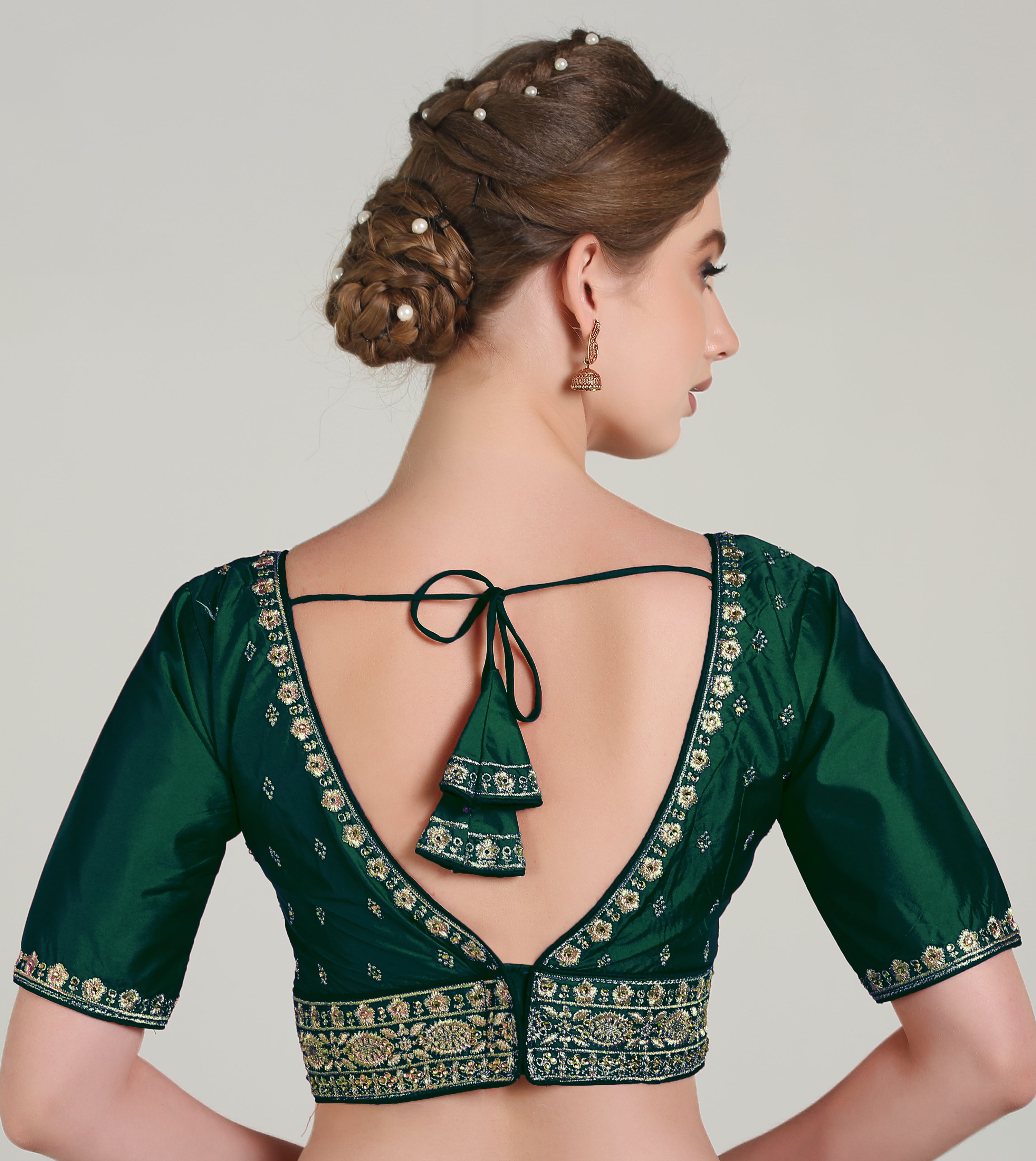 Pujia Mills Woman Readymade Blouse Ethnic wear deep V Neck Classic butti Designer Saree Blouse Half Sleeve Dark Color Blouse Online Embroidery zari Work with Diamond Work Border Blouse